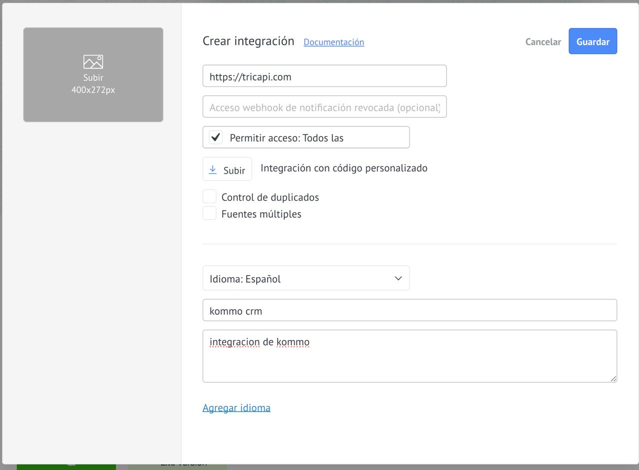 Pantalla de Crear integración en Kommo