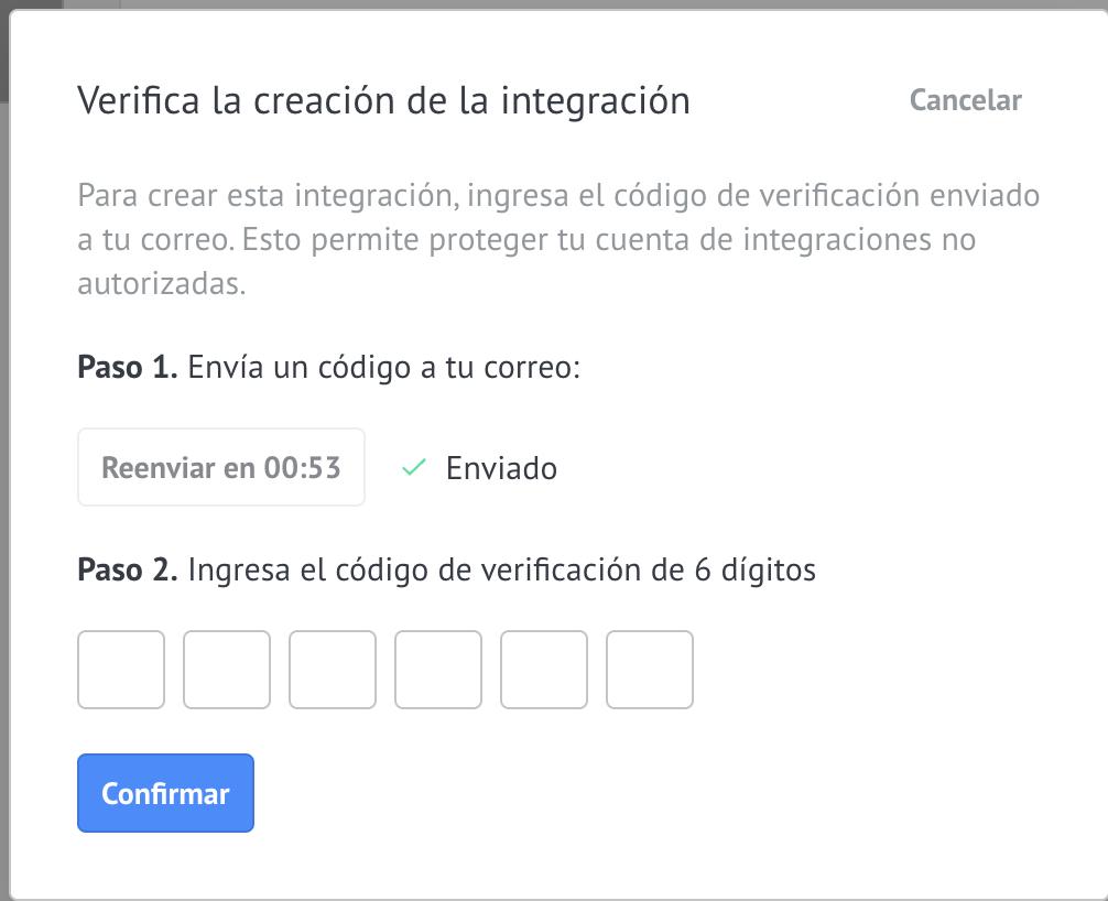 Verificación por email al crear la integración