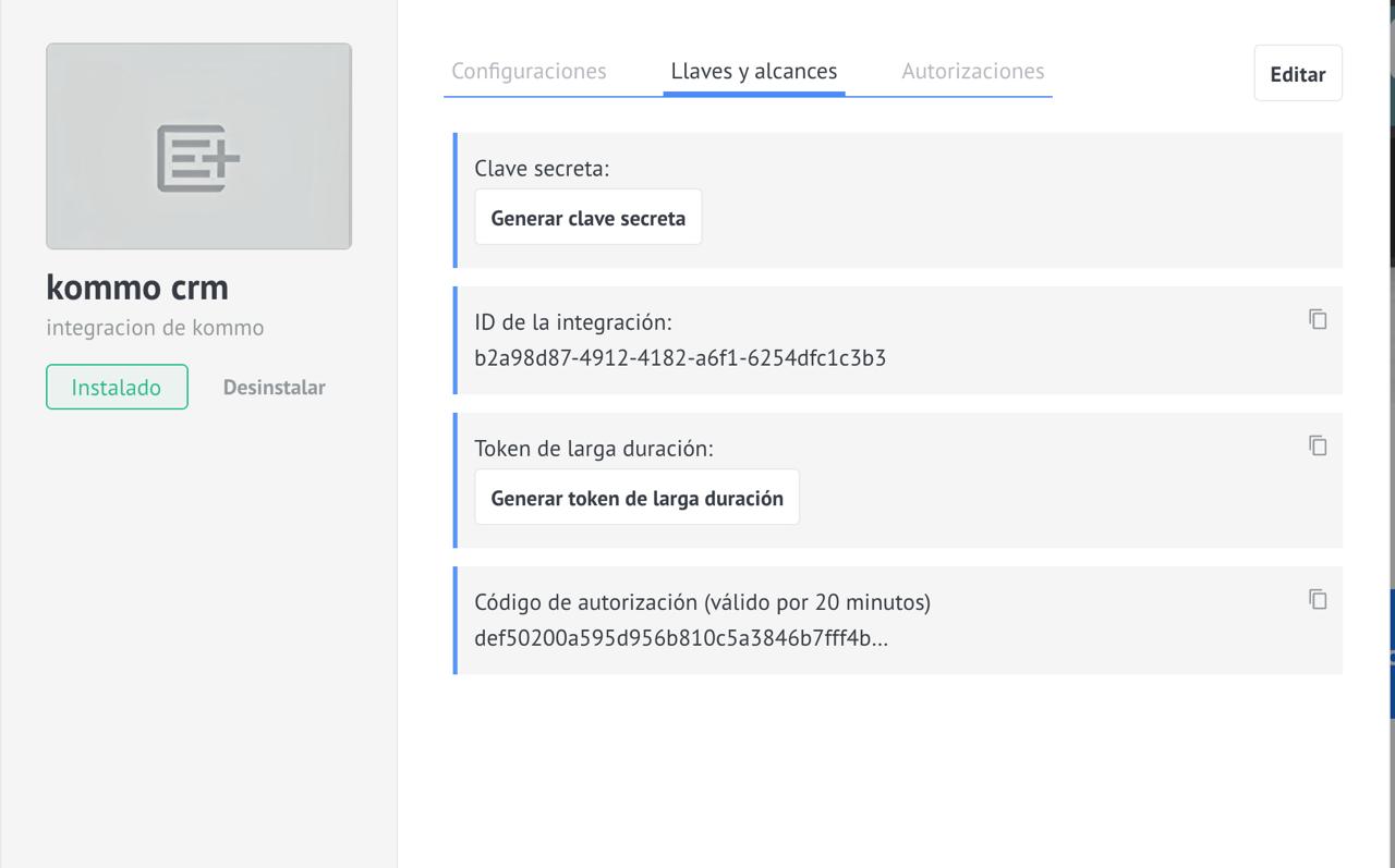 Pestaña Llaves y alcances con el token de larga duración